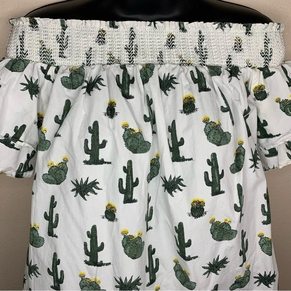 Cactus Print Ruffle Short Sleeve Off Shoulder Top Medium Blue Rain Western
